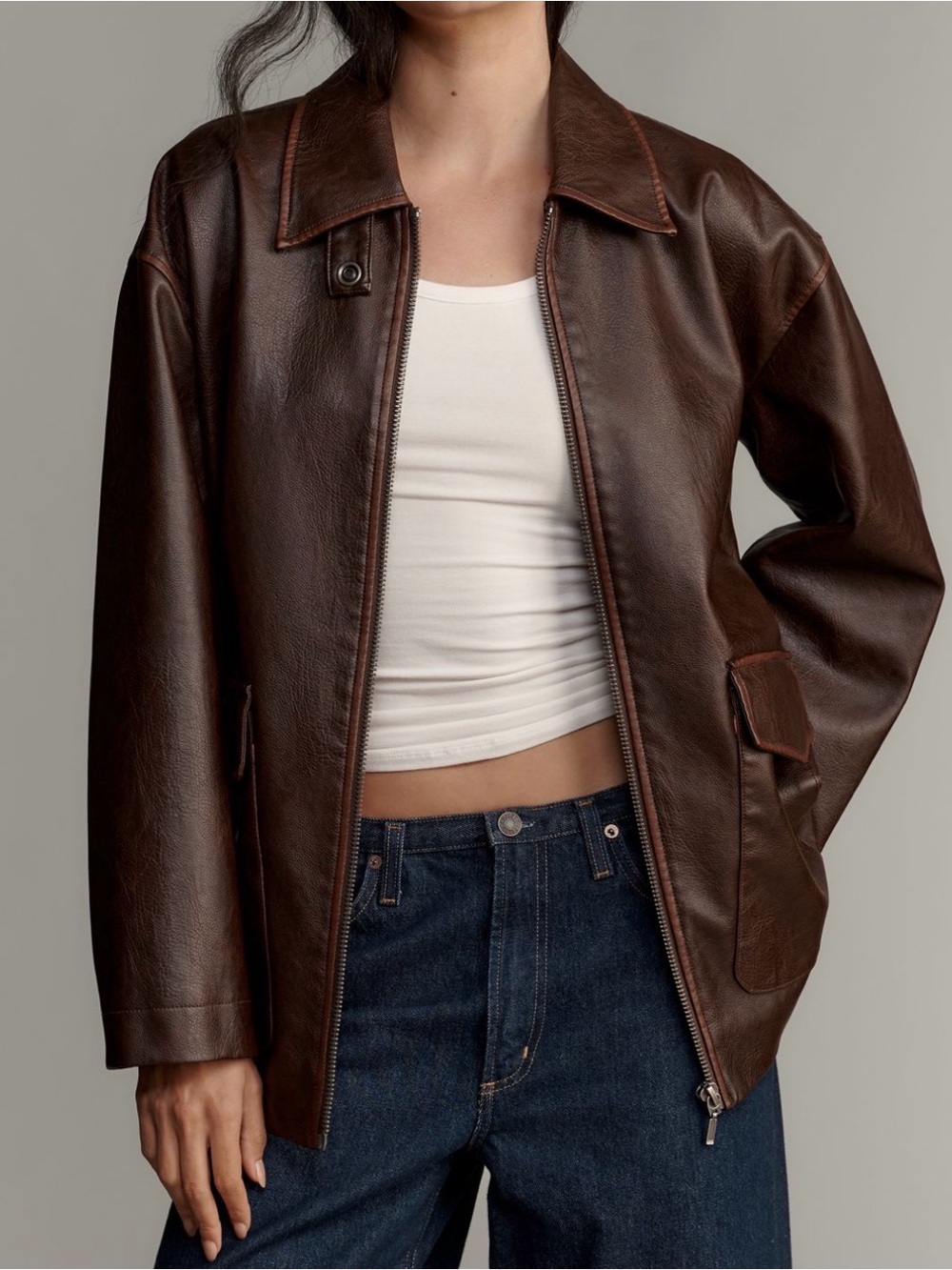 Pilcro Sofia Oversized Faux Leather Bomber M Brown Anthropologie NWOT Pink Lined